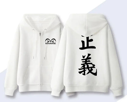 White hoodie with black text and logo on a white background